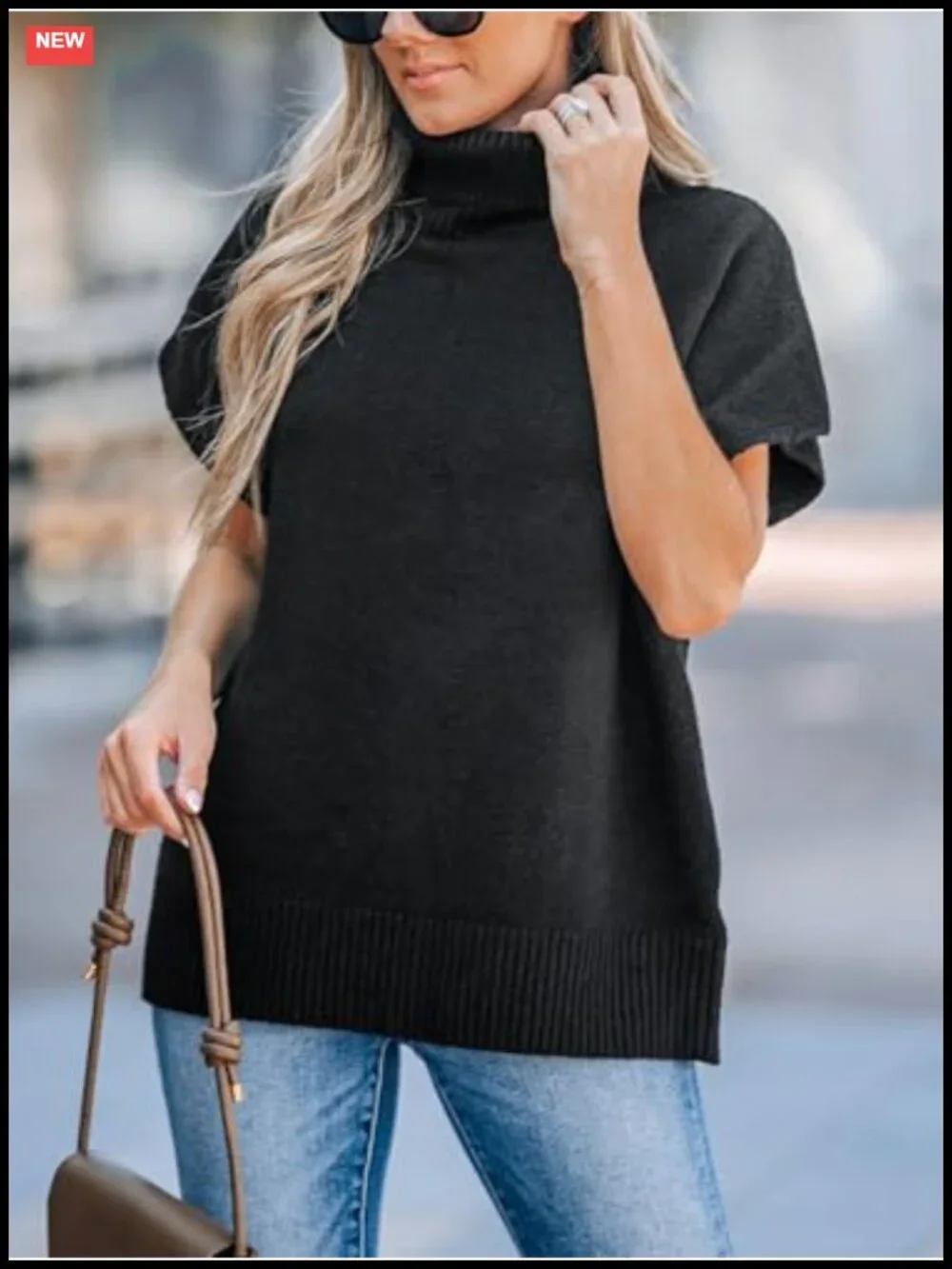 Women's Casual Fit Turtleneck Pullover Sweater Cap Sleeve Ribbed Hem Knit Top
